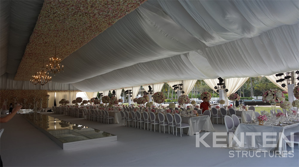 How can a tent be transformed into a large reception hall?